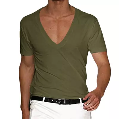 Summer Men's Fitness T-shirt Sports Casual Cotton Solid Color Deep V-neck Top • $22.53