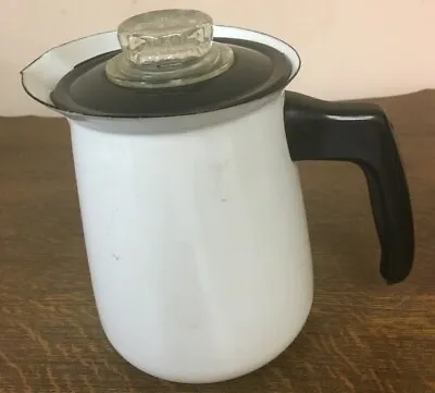 Enamel White Stovetop 6  Coffee Pot With Black Bakelite Handle And Lid • $18.97