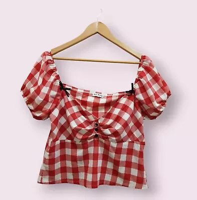 Miss Hussy Puff Sleeve Top Retro Rockabilly Pinup Cowgirl Red White Check Size S • $25