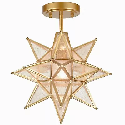 Brushed Gold Moravian Star Ceiling Light With Seeded Glass Semi Flush Mount • $134.99