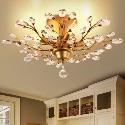 Gold K9 Chandeliers Crystal Ceiling Light Vintage 4-Lights Pendant Lamp Bedroom • £63.99