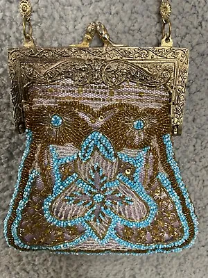 Micro Beaded Handbag Womens Purse Turq. Gold Beads Gold-tone Frame Boutique Bag • $64.87