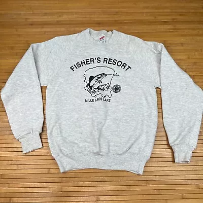 Vtg Jerzees Medium 38-40 Fishers Resort Mille Lacs Malmo Gray Sweatshirt USA • $33.19