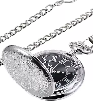 Quartz Pocket Watch For Men With Black Dial And Chain • £17.52