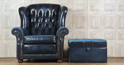 WADE Blue Leather Chesterfield Wingback Chair & Footstool *FREE DELIVERY* • £495