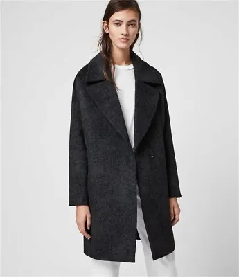 £358 Allsaints Womens Dark Grey Wool Leopard Print Cocoon Over Coat Size L Jetta • £89