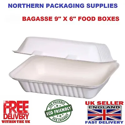 Compostable And Biodegradable Bagasse Clamshell Takeaway 9 X6  Food Box • £14.97