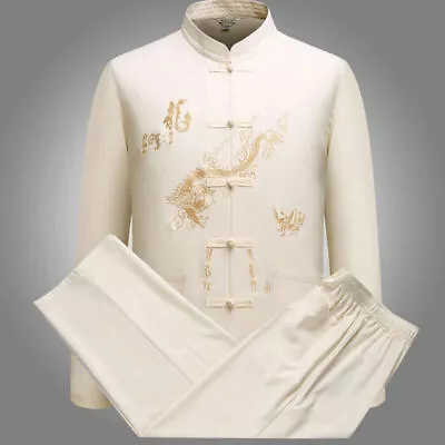 Mens Traditional Chinese Tang Suit Set Kung Fu Taichi Uniform Dragon Embroidey • $18.99