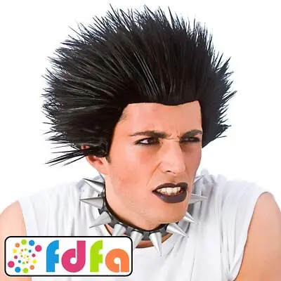 Wicked Black Spiky Rocker Emo Goth Punk Wig Mens Adults Fancy Dress • £14.59