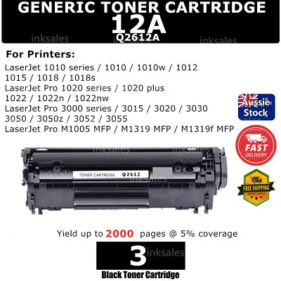 3x Q2612A 12A Toner Cartridge For HP LaserJet 1010 1020 1012 M1005 3055 1018 • $34.70