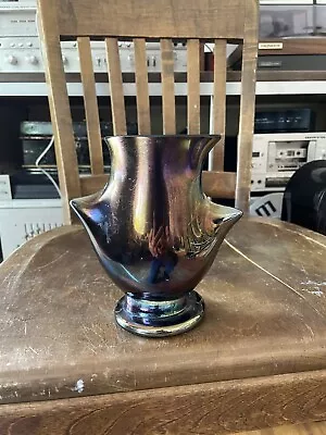 Mid Century Modern Amethyst Iridescent  Carnival Glass Vase Abstract Unique MCM • $19.95