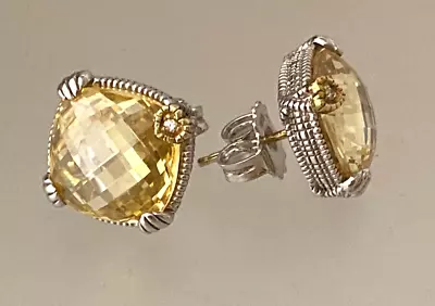 Judith Ripka Jr Two Sterling Silver 18k Gold Canary Quartz Diamond Stud Earrings • $249