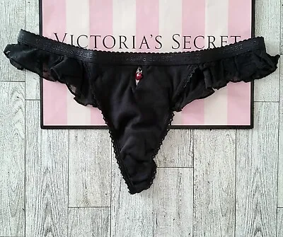 Victoria's Secret Black Flutter HEART Vintage Logo Band M V-String Thong Panties • $64.99