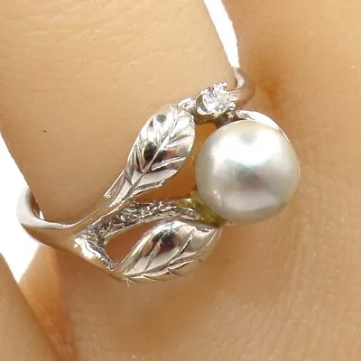 Na Hoku 7mm Gray Pearl & Diamond Leaf Hawaii 10K White Gold Ring Size 7.5 LLG2 • $339.99