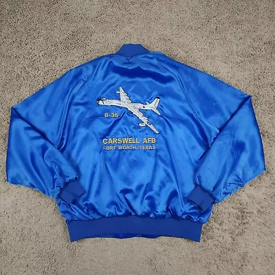Vtg B-36 Satin Bomber Jacket L Blue Snap Fort Worth Carswell USA Embroidered 90s • $74.99