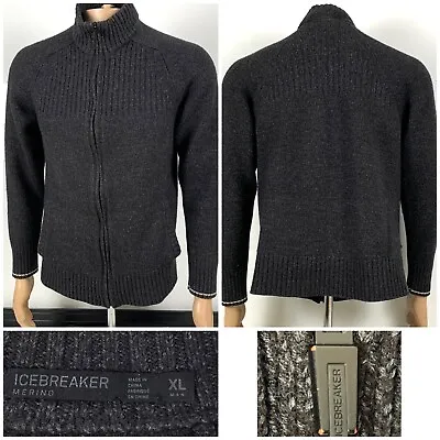 Icebreaker Full Zip Men’s Merino Wool Jacket Sz XL Dark Gray Check Measurements • $95