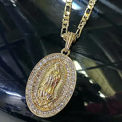 14K Gold Plated Oval La Virgen De Guadalupe Iced Simulated CZ Figaro Chain 24  • $15.99