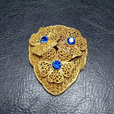 Vintage Dress Clip Filigree Flower Center Blue Rhinestone Gold Tone. 10146 • $21.99