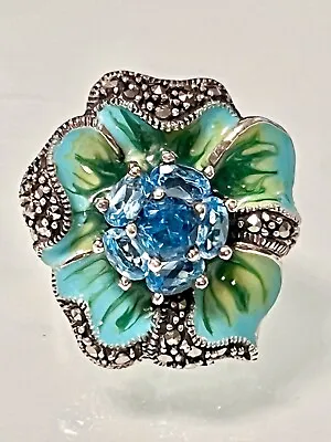 Designer~925 Ss~blue Topaz~blue/green Enameled~marcasite Ring~sz 7.75~12grs • $199