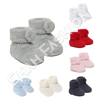 £3.25 • Buy Newborn Baby Boys Girls Pom Pom Booties Baby Soft Knitted Bootees NB-3 Months