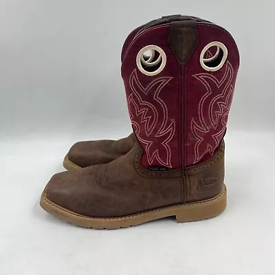 Justin Mens 9.5D Brown Leather Burgundy Uppers Square Steel Toe Cowboy Boots • $64.99