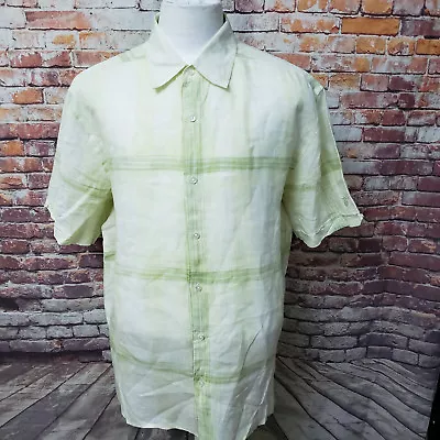 Cubavera Men Size XL Lime Green Check Linen Short Sleeve Casual Cuban Shirt • $19.99