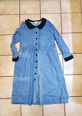 Vintage Fads Blue Denim  Maxi Dress Sz XL Wide Corduroy Collar & Cuffs Modest • $27.98