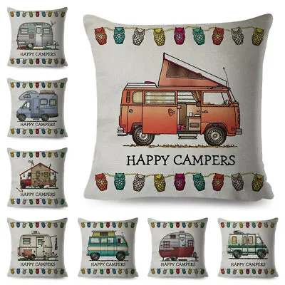 Happy Campers Pillow Case Decor Cartoon House Travel Car Cushion Cover Sofa Home • $8.79