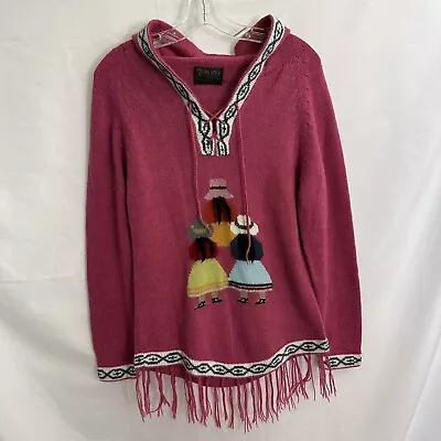 Peruvian Womens Tunic Sweater Alpaca Apaza Fringe Hooded Super Soft Knit Pink • $49.99