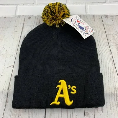 Vintage Cuffed Oakland Athletics MLB Hat Beanie Pom Pom Cap Black New Men • $14.99