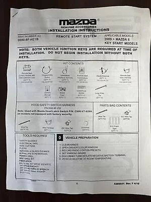 NEW OEM Mazda 6 Remote Start Kit W/ Key Start 0000-8F-H21B Mazda 6 • $299