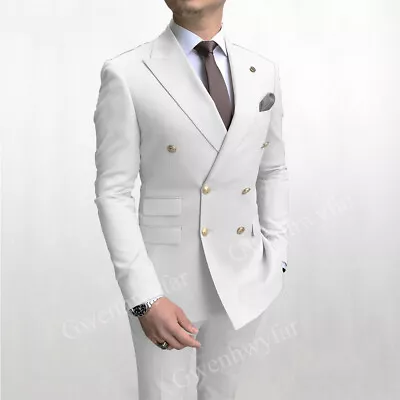 Men Suits Double Breasted Latest Design Gold Button Groom Wedding Tuxedos New • $167.49