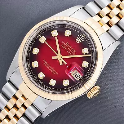 Rolex Mens DateJust Red Vignette Diamond Steel And 18k Gold Fluted Bezel Watch • $6120