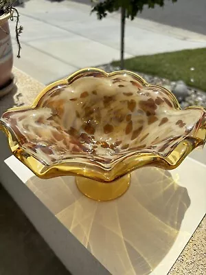 Vintage Art Glass Amber & Brown Splatter Swirl Oval Vase 6  Tall • $24