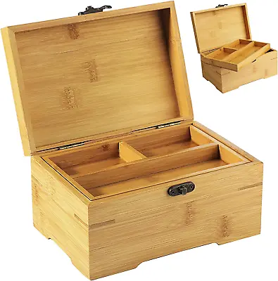 Large Wooden Box With Hinged Lid Bamboo Wood Storage Box • $22.31