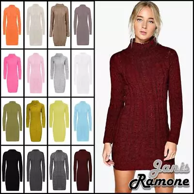 Womens Bodycon Dress Polo Neck Cable Knitted Tunic Pullover Jumper Mini Dresses • £22.11