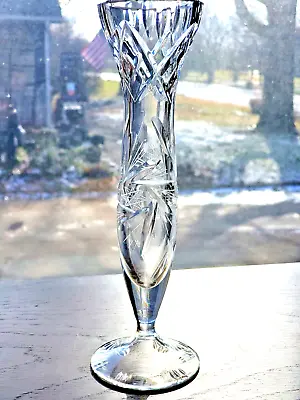 Stunning Crystal 8 Pointed Star Etched Cut Glass Bud Vase 8” Tall  Germany • $20