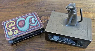 Vintage Etched Brass Cat Match Box Holder Striker Made In China W/Empty MatchBox • $30