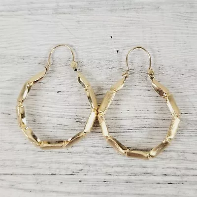 Vintage Bamboo Brushed 14K Yellow Gold Hoop Earrings 1970's Staple Hoops Luxury • $298