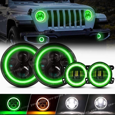 $118.59 • Buy Green Halo 7'' LED Headlights + 4'' Fog Lights Combo For Jeep Wrangler JK 07-18