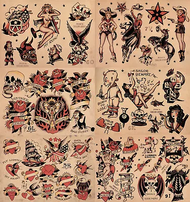 Sailor Jerry Traditional Vintage Style Tattoo Flash 6 Sheets 11x14  Old School 1 • $24.99