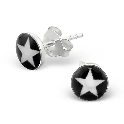 Pair Of White Star Black Logo Ear Studs Sterling Silver Earrings Boys Mens (W25) • $6.18