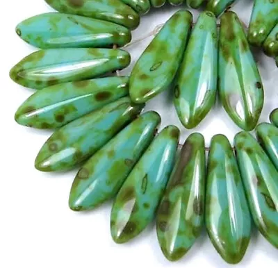 25 Czech Glass Dagger Beads Opaque Green Turquoise - Picasso 16mm • $4.99