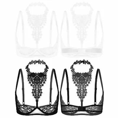 Womens 1/4 Cup Lace Bra Balconette Halter Push Up Underwired Bralette Shelf Bras • £4.79