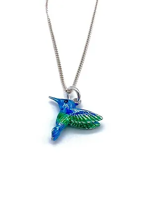 925 Sterling Silver  Solid Blue Hummingbird Bird Pendant On Silver Curb Chain • £13.99