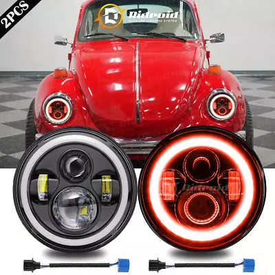 7  Round LED Headlights Kit&Red+Amber Halo Ring Fit VW Dune Buggy / Rail Buggy • $47.99