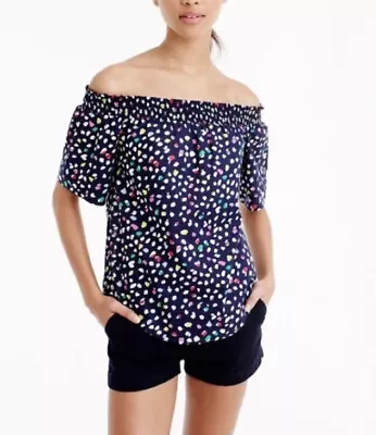 J Crew Off Shoulder Top In Ratti Happy Cat Print  Blouse Blue Size 6 • $22