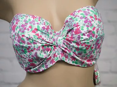 M&S Bikini Top 34F Pink And White Floral Strapless Padded Moulded Bandeau • £11.99