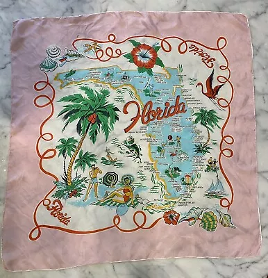 Vintage 1950s Florida Souvenir Map Silk Scarf 30”x29.5” Square! Pink Border • $44.99