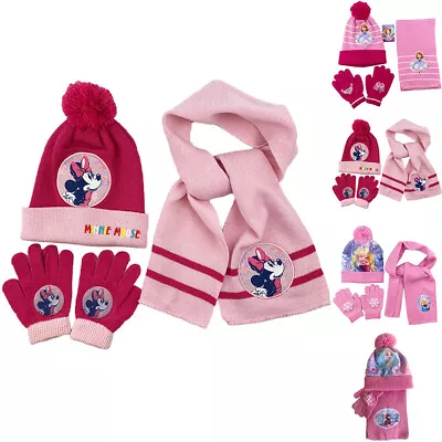 Kids Girls Minnie Mouse Knitted Cap Faux Fur Pom Pom Beanie Hat Scarf Gloves UK. • £15.10